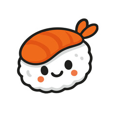Adorable kawaii illustration shrimp nigiri sushi cartoon with smiling face. Great for Japanese food design, seafood restaurant branding, kids menu, and cute doodle artwork.