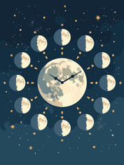 Moon phases circling a celestial clock, palette: moon white, night blue, star gold, slate gray