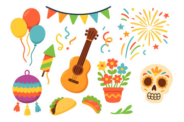 Fototapeta premium Set of Mexican party elements for Cinco de Mayo. Dia de los Muertos celebration icons. Vector cartoon collection with guitar, sugar skull, piñata, taco, and fireworks.
