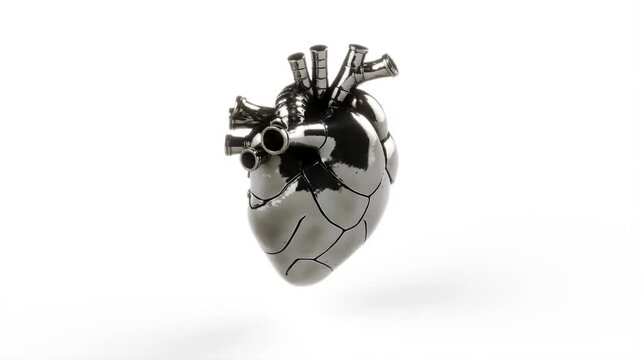 Metal Mechanical heart on white bg rotate endless 4k