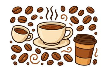 Obraz premium Coffee cup and beans vector cartoon illustration set. Collection of hot drinks like espresso, latte for cafe menu. Doodle elements for branding, advertising, packaging design.