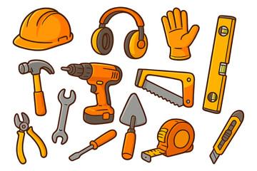 Construction tools set vector cartoon illustration. Carpentry, repair and building equipment. DIY work tools icon collection. Hard hat, drill, hammer, saw, safety gear clipart.