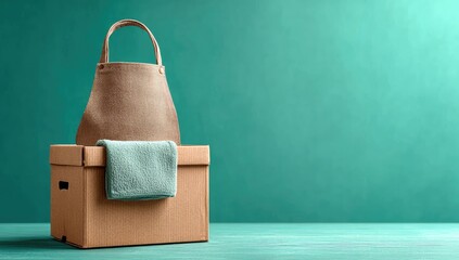 Beige apron and teal cloth on a cardboard box against teal background