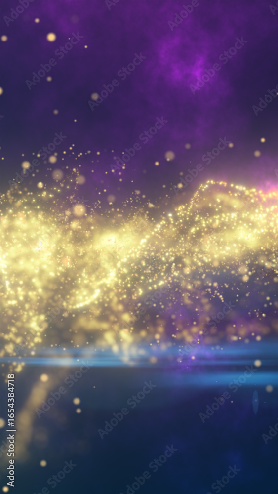 Poster abstract field of golden particles floating across a purple and blue cosmic background, creating a d