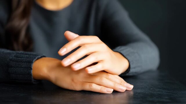 Hand gesture skin table black sleeve female closeup touch communication with natural nails relaxed pose soft lighting calm mood indoor setting hands resting on black table casual long sleeve sweater