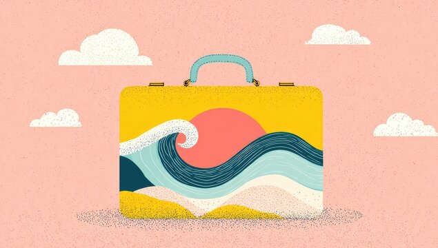 Yellow suitcase with ocean scene, pastel background - Powered by Adobe