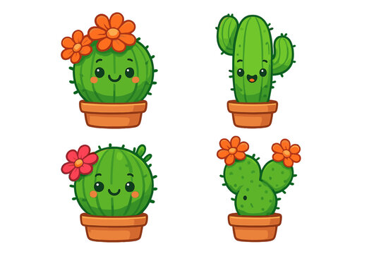 Set of cute kawaii cactus characters in pots. Cartoon succulent plant with a happy face and flowers. Vector illustration collection for kids. Mascot icon bundle for nature design.