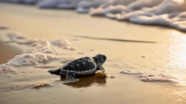 Beach scene shows tiny sea turtle crawling toward surf, soft wave meets sea turtle shell, warm dawn colors guide brave sea turtle journey. Concept life beginning