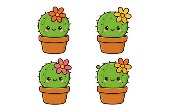 Cute cactus character set. Kawaii succulent with happy smiling face and flower in a pot. Cartoon vector illustration for kids, sticker design, gardening, and home decor concepts.