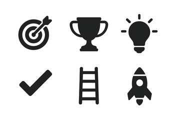 Goal and success solid icon set. Vector glyph symbols for motivation, achievement, and business growth. Contains target, trophy, idea lightbulb, checkmark, ladder, and rocket.