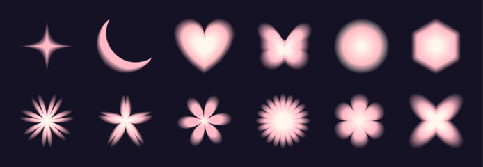 Set of y2k aura gradient shapes. Star, moon, heart, butterfly, flower symbols on dark background. Neon pink glow abstract icons with blurry effect. 