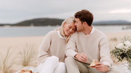 Happy young couple enjoys romantic beach picnic. Blonde woman and man in beige sweaters share intimate moment by lake. Perfect date scene with flowers and natural lighting.