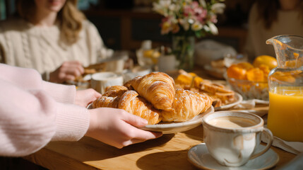 Woman serves fresh golden croissants on wooden table for breakfast. Continental morning meal with coffee, orange juice and pastries. Cozy indoor dining scene with natural lighting and warm atmosphere.