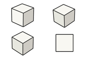 Set of cubes from different angles. 3D geometric shapes in perspective. Vector icon collection. Minimalist block illustration. Isometric square object. Simple form concept.
