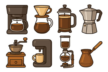 Coffee brewing methods vector icon set. Barista equipment collection: drip machine, pour-over, french press, moka pot, grinder, espresso, siphon, turkish coffee cezve.
