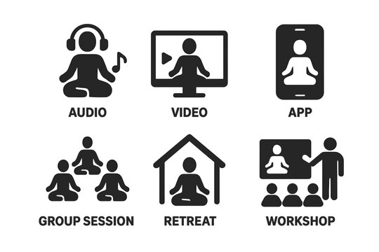 Guided meditation icon set. Solid glyph pictograms of meditation formats. Audio, video, app, group session, retreat, workshop. Yoga and mindfulness vector symbols.