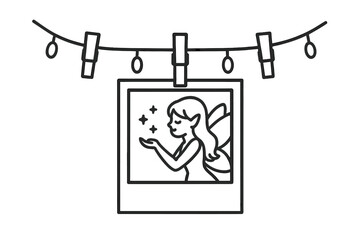 Outline vector icon of a hanging polaroid photo with a fairy. Picture on a string with clothespins and lights. Concept for magic, fantasy, memories, scrapbooking, and decor.