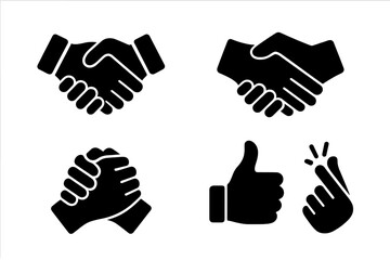 Handshake gesture icon set. Business deal and partnership agreement symbol. Concept of unity, support, and brotherhood with clasped hands. Thumbs up for approval and like.
