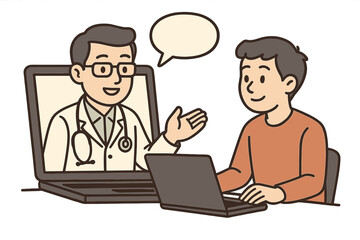 Telemedicine concept with doctor and patient on laptop screen. Online medical consultation via video call. Virtual healthcare service. Remote health support cartoon vector illustration.