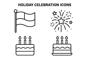 Holiday Celebration Vector Icons Set. Outline Design of National Flag, Fireworks Burst, Birthday Cake with Candles. Public Festivity, Party, Anniversary, Celebration, Greeting Graphic Elements