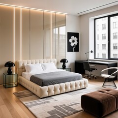 Fototapeta premium Modern Bedroom interior with white bed, study table and window, 3D illustration of luxury interior design background.