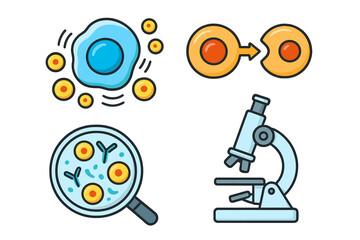 Science icon collection. Biology vector illustrations. Cellular process of phagocytosis, cell division. Immunology research with antibodies under a magnifying glass. Lab microscope.
