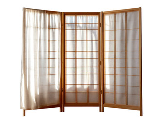 Light-filled room divider.  A light beige/cream Japanese-style room divider with translucent curtains.  Wooden panels with lattice design. Sunlight streams through