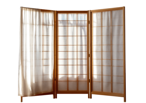 Light-filled room divider.  A light beige/cream Japanese-style room divider with translucent curtains.  Wooden panels with lattice design. Sunlight streams through
