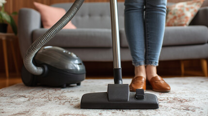 A person women in jeans uses a vacuum cleaner in a beautifully decorated living room, featuring upholstery, rugs, and home furnishings, creating a tidy and welcoming space.