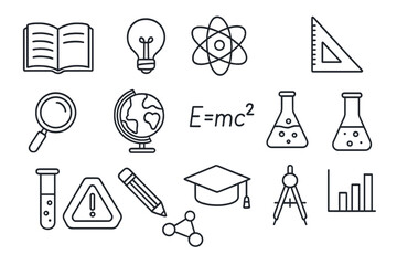 Science and education line icon set. Physics, chemistry, math symbols. Vector outline icons of atom, flask, globe, graduation cap, E=mc2 formula for learning and research.