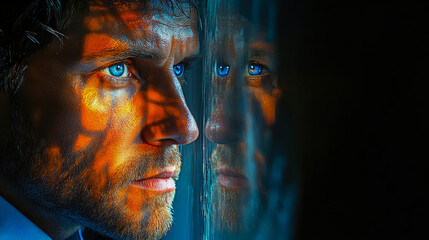 Man's soulful blue eyes and face, bathed in warm, patterned light, mirrored in cool, abstract, and streaked glass surface, symbolizing introspection and duality.
