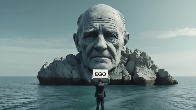 Giant stone sculpture of elderly man&rsquo;s head emerging from ocean with small figure holding ego sign standing in surreal seascape scene