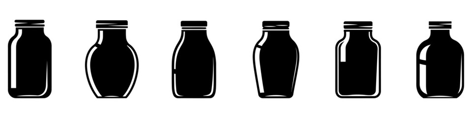 Set of black silhouettes of glass bottles or jars in various shapes. Vector illustration.