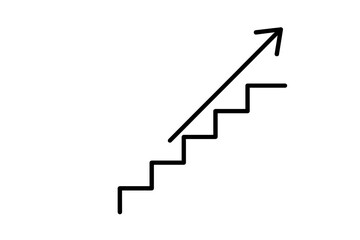 Minimalist upward staircase with ascending arrow symbolizing progress, growth, success, achievement, step-by-step improvement, career advancement, business elevation, motivation, vector illustration.
