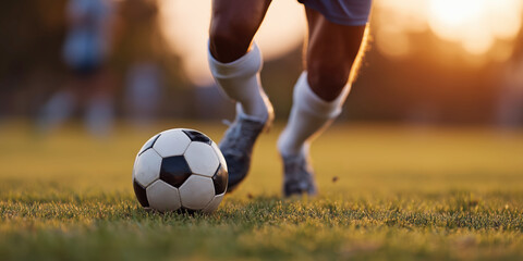 Fototapeta premium Exciting soccer action on field at sunset sports game outdoor view