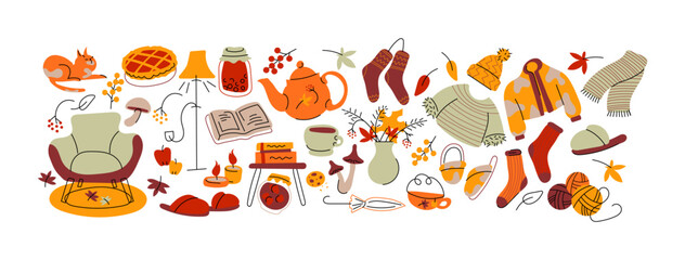 Cozy autumn hygge stickers set. Cartoon doodle style with sweater, tea, socks, candles, cat, pumpkin pie. Vector fall collection.