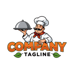 Cartoon Chef Mascot Holding Cloche for Restaurant or Food Service Logo Design