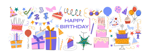Birthday party cartoon set. Cute holiday stickers with cake, balloons, gifts, candles. Vector happy birthday collection.