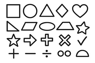 Minimalist geometric shapes, cartoon vector outline icons, mathematics symbols, educational art design, abstract forms, math signs, simple lines, transparent background, teaching resources