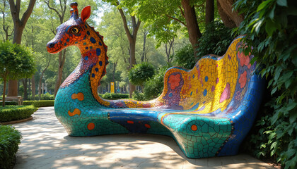 Vibrant giraffe-shaped bench crafted from colorful mosaic tiles, situated in green park. Whimsical design invites children, families to sit, fostering playful, cheerful atmosphere for outdoor