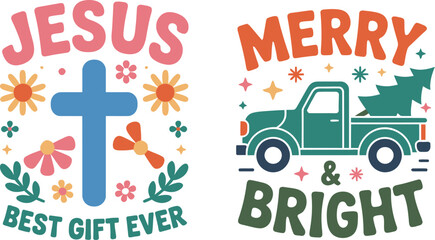 Two christmas themed designs with a cross flowers and a truck with a christmas tree graphic art