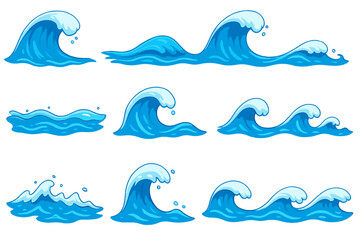 Naklejka premium Vector cartoon ocean wave illustrations set. Diverse water movement, splash, ripple, surf, crest, foam patterns for design, education. Blue marine clip art isolated transparent background.