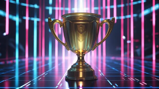 Golden trophy cup standing on futuristic glowing digital stage with neon lights and reflections creating modern celebration award background