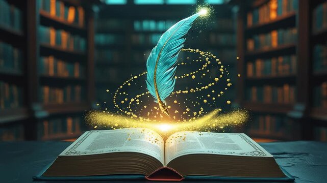 Magical glowing feather floating above open book with golden sparkles in mystical library creating fantasy atmosphere of imagination and knowledge