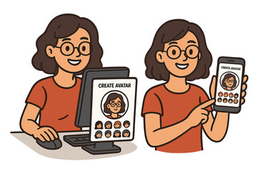 Woman creating digital avatar on computer and mobile phone. Character generator for social media profile picture. Online identity customization. User interface concept vector set.