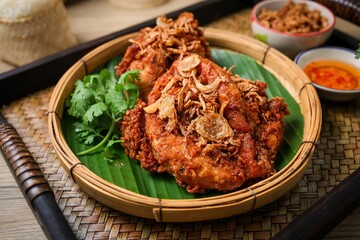 Fried chicken topped fried shallots with sticky rice and thai sauce in banana leaf on wooden background, thai called kai tod hat yai