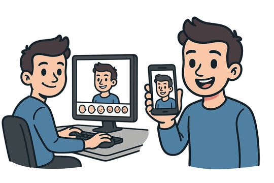 Man creating digital avatar on computer for social media profile. Customizing character with different emotions. User holding phone with new virtual identity for online sharing.