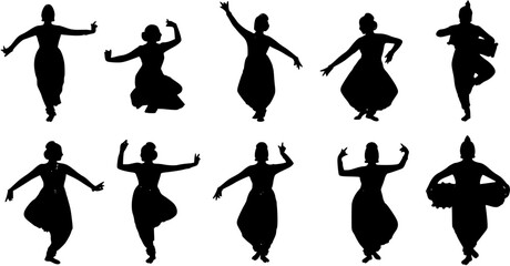 Detailed black and white vector silhouette of Bharatanatyam dancer