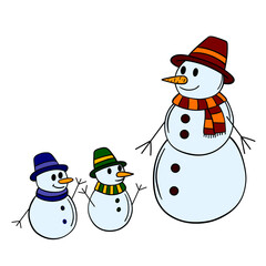 Funny, smiling andhappy winter outdoor snowman character with hat and scarf and little snowman. Snow day playtime winter scene season. Activity for children element collection