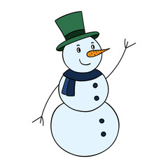 Funny, smiling andhappy winter outdoor snowman character with hat and scarf. Snow day playtime winter scene season. Activity for children element collection